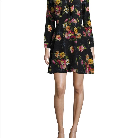 THE KOOPLES Silk Pussy Bow Secretary Tie Neck Firework Floral Mini Dress Mod - Picture 12 of 14